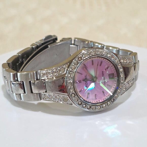 FOSSIL BLUE Pink Dial Rivoli Crystal 100M Quartz Watch Jeweled Bezel Band AM4026